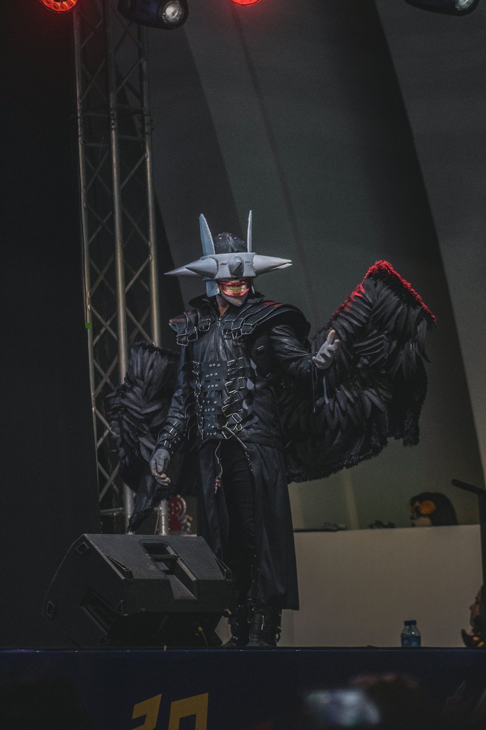 Performer in an elaborate feathered costume stands on a stage.